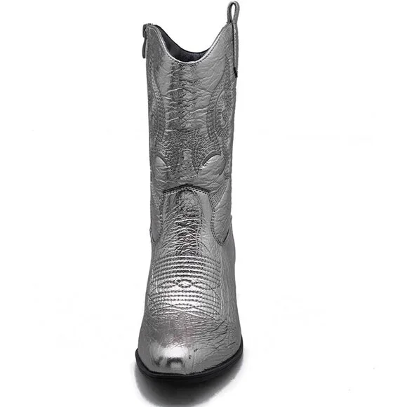 GLOBALWIN Cowgirl Boots Women's Silver Faux Leather Mid Calf Chunky Low Heel